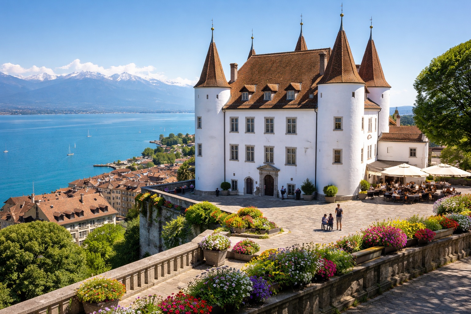 The historic white Nyon Castle with its five pointed towers overlooking the harbor and Lake Geneva on the Swiss Riviera route.