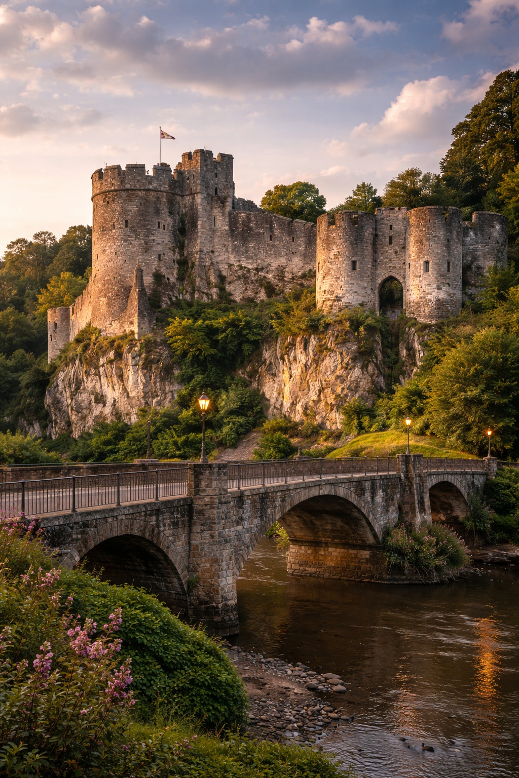 The imposing stone towers of Chepstow Castle standing on a limestone cliff over the River Wye, representing Norman military architecture