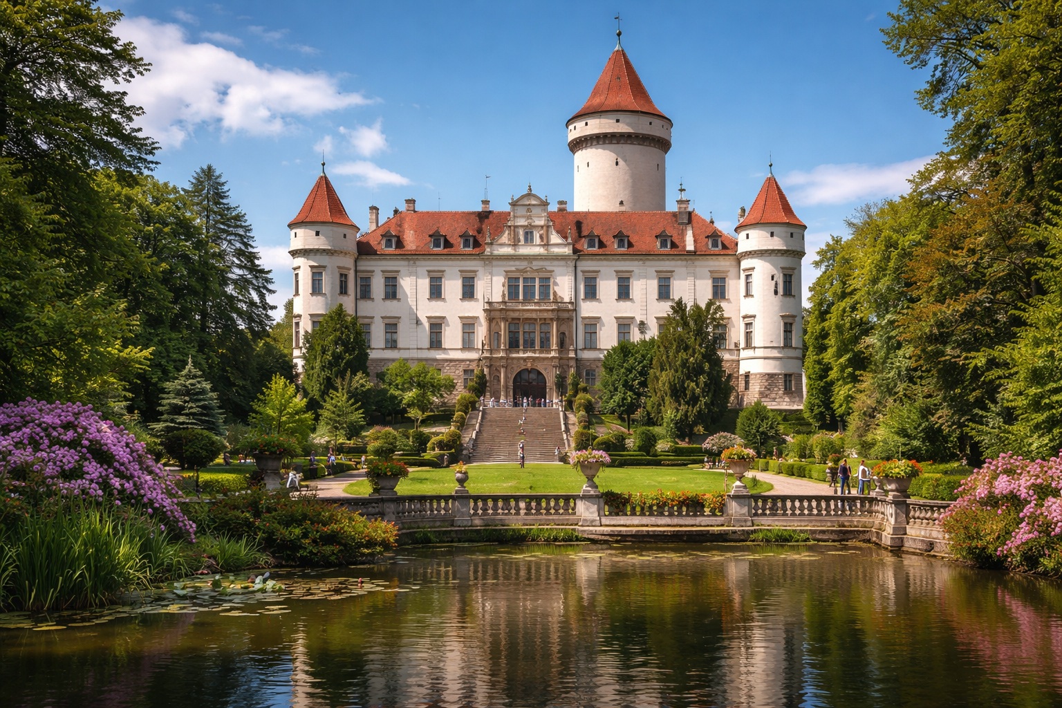 Konopiště Castle exterior and its historic armory collection, a key historic landmark on the route from Prague to Vienna.