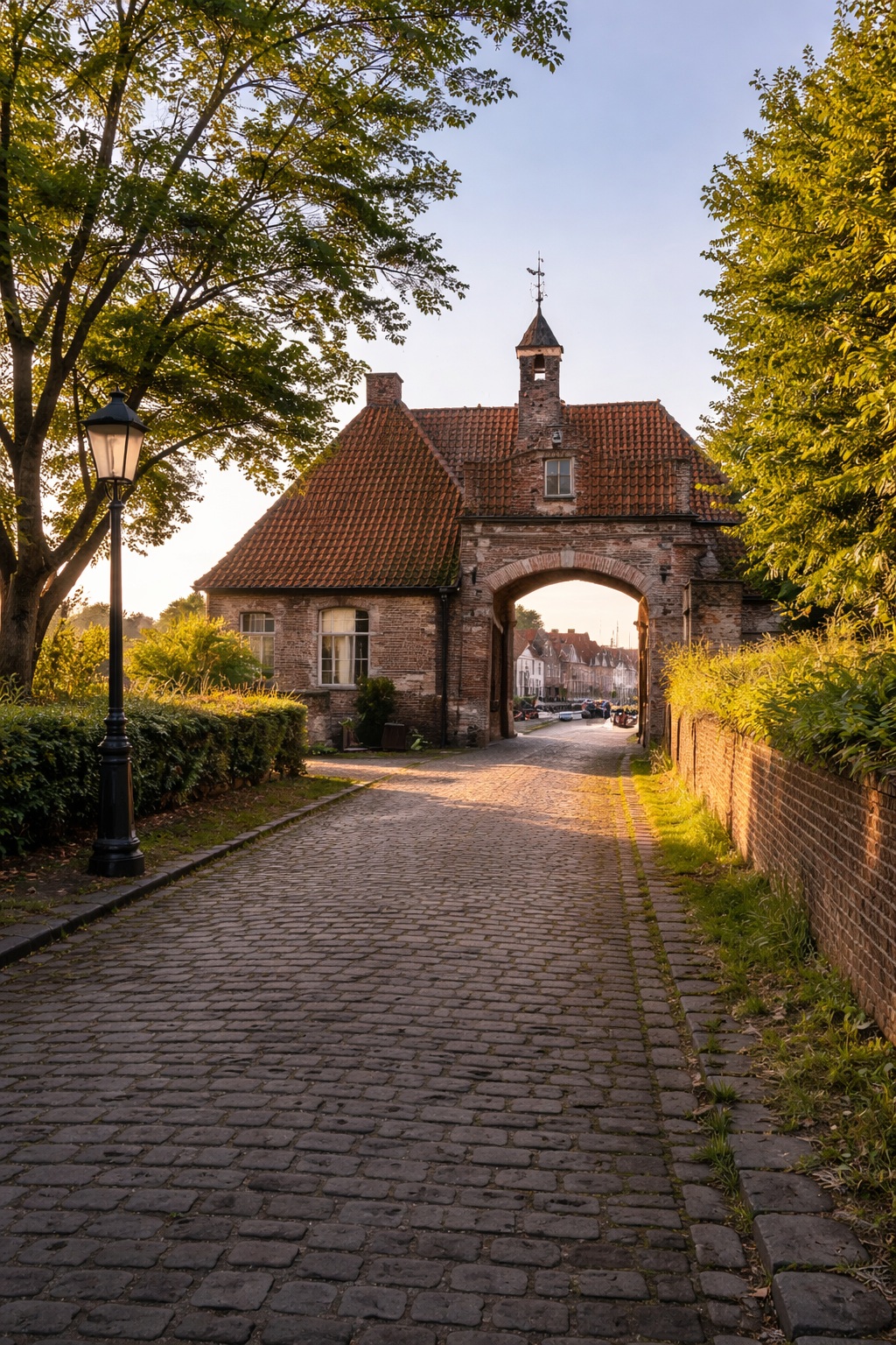 A cinematic view of the small village of Lillo, showing old brick walls and a tiny harbor surrounded by the massive industrial cranes of the Antwerp port