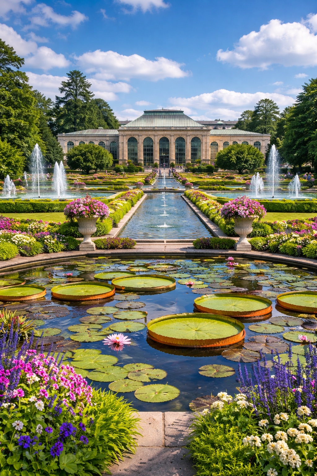 Longwood Gardens grand conservatory and illuminated fountain display in Kennett Square Pennsylvania