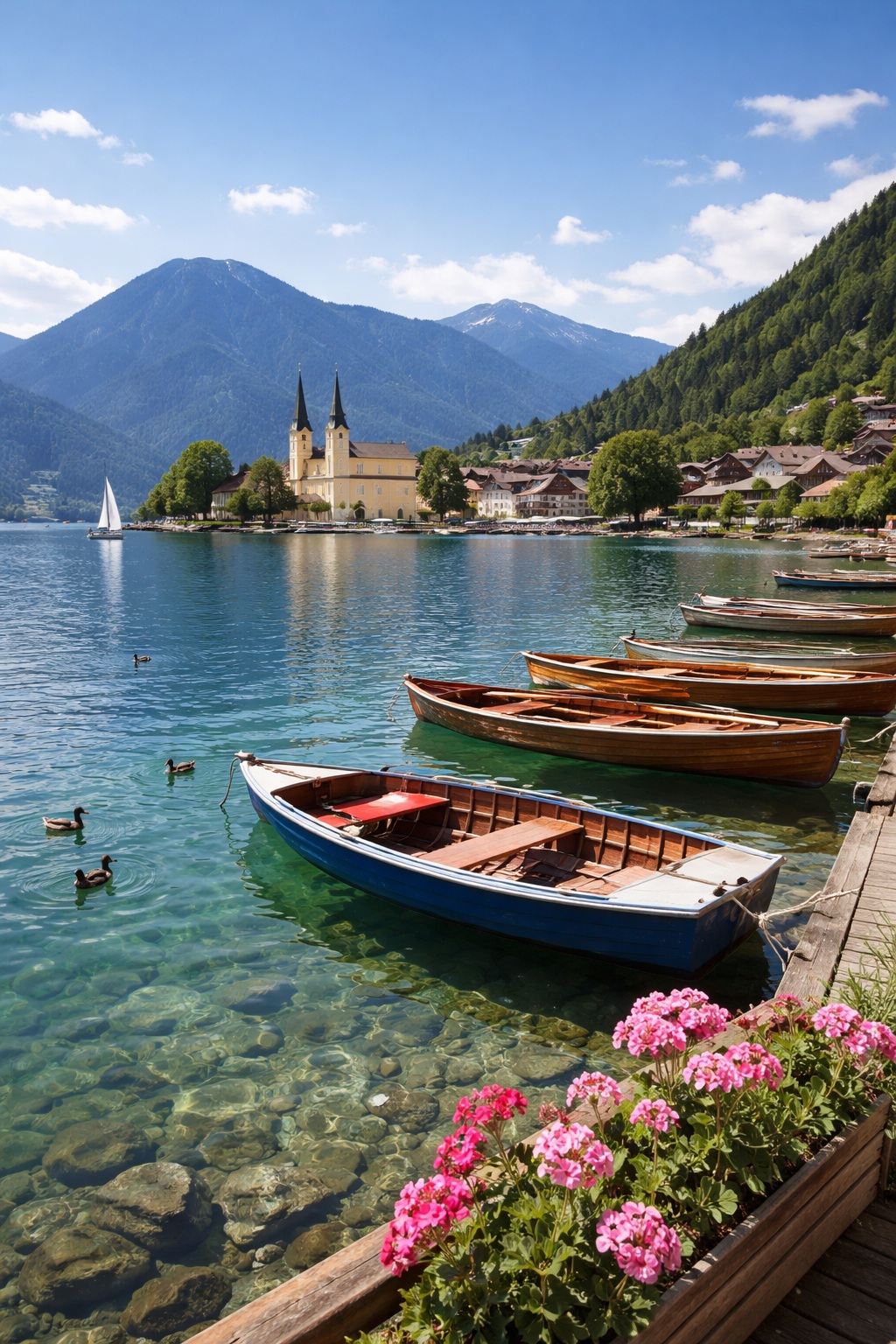 egernsee Lake in Bavaria with wooden boats and alpine mountains — view on Munich to Salzburg scenic route