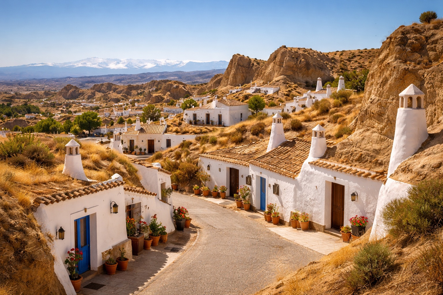 Panoramic view of the white chimneys of Guadix cave houses against the Sierra Nevada mountains.