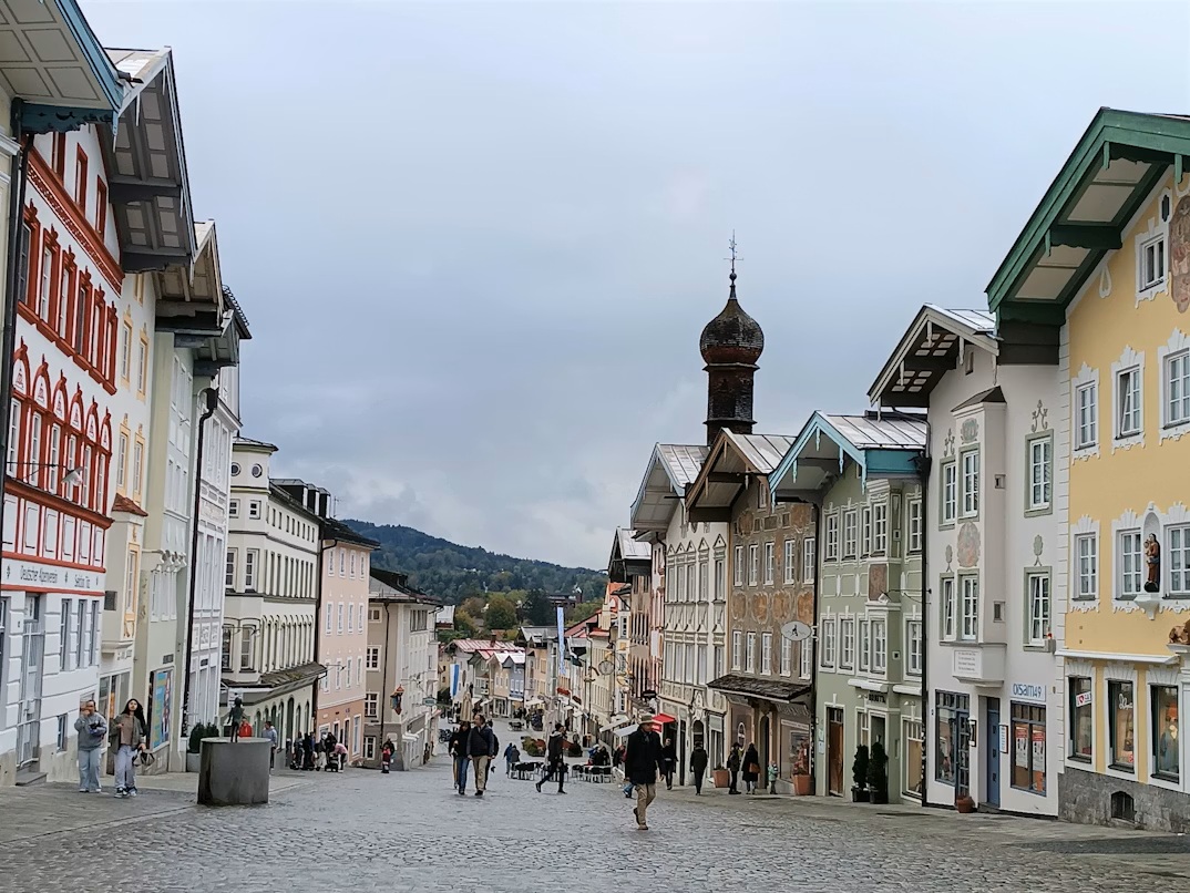 Detailed frescoes on historic buildings in Bad Tölz along the Munich to Salzburg road trip route