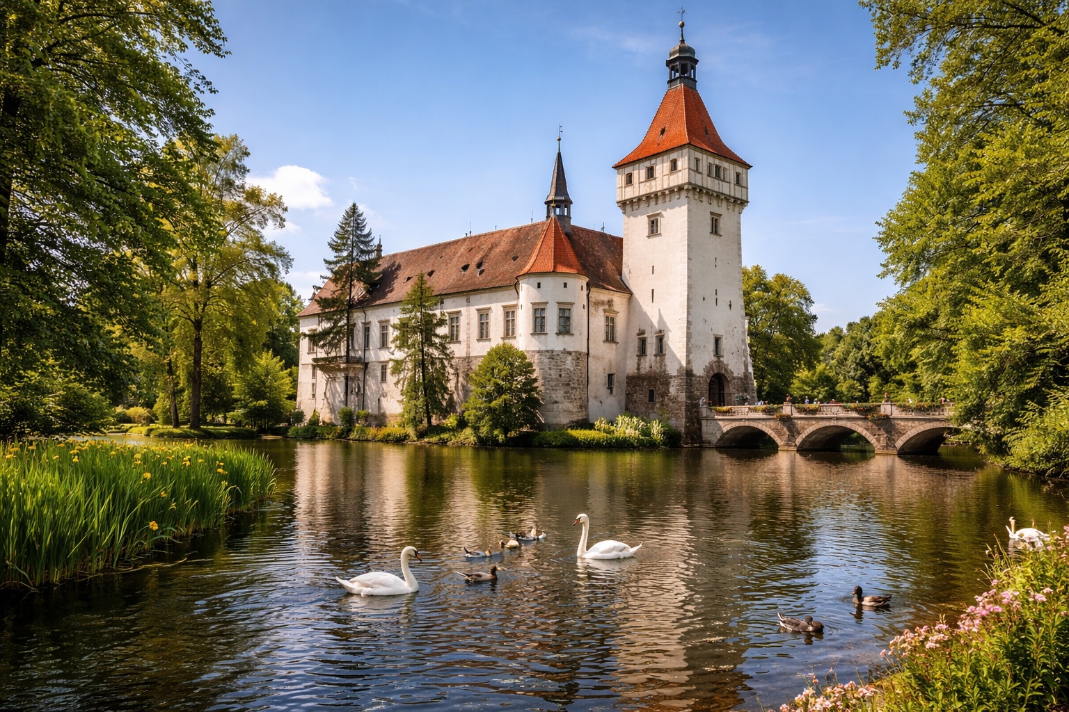 Blatná Water Castle in South Bohemia, one of the most photogenic spots between cities on a road trip.