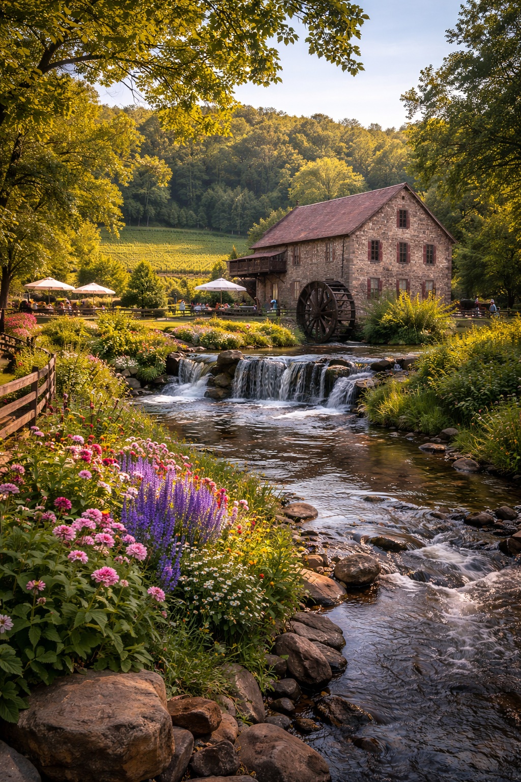 Scenic landscape of Brandywine Valley near Chadds Ford with historic stone buildings and river views