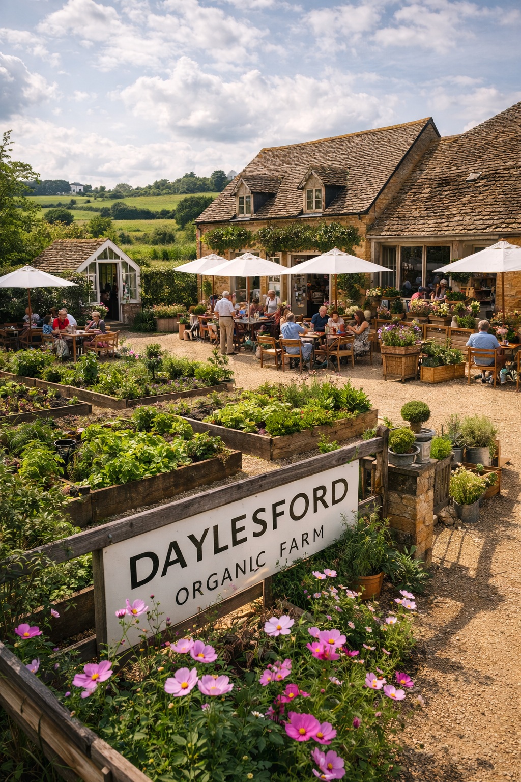 Rustic and elegant farm shop at Daylesford Organic, featuring seasonal local produce and artisanal breads
