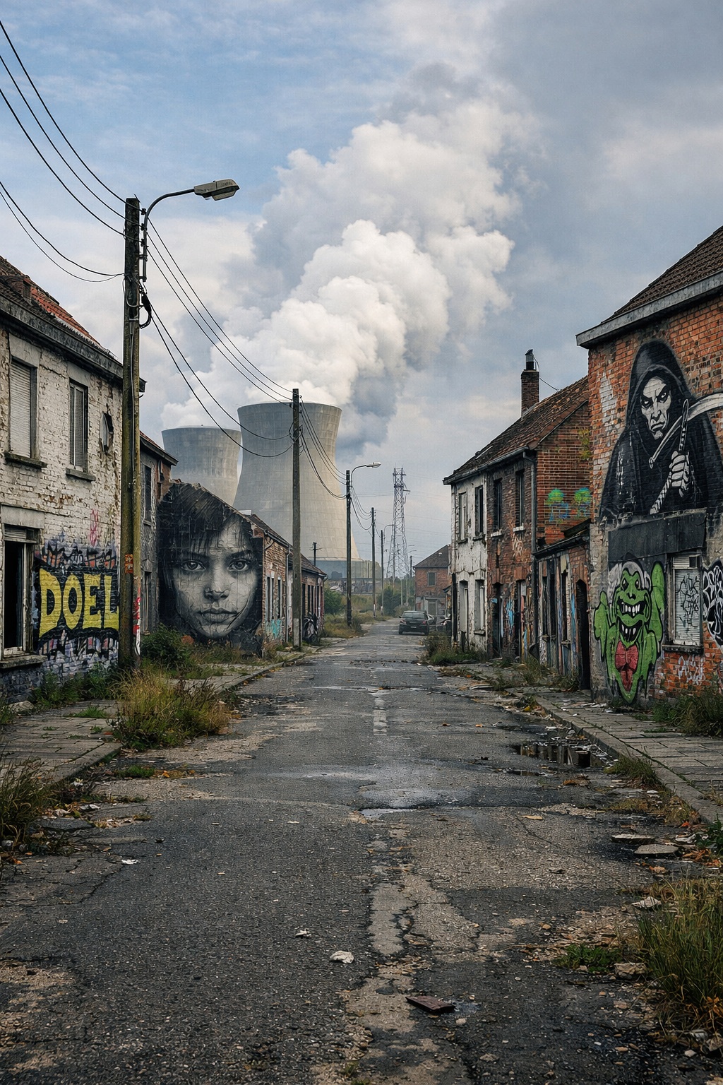 Vibrant street art on abandoned brick houses in Doel with the massive cooling towers of a nuclear plant in the background