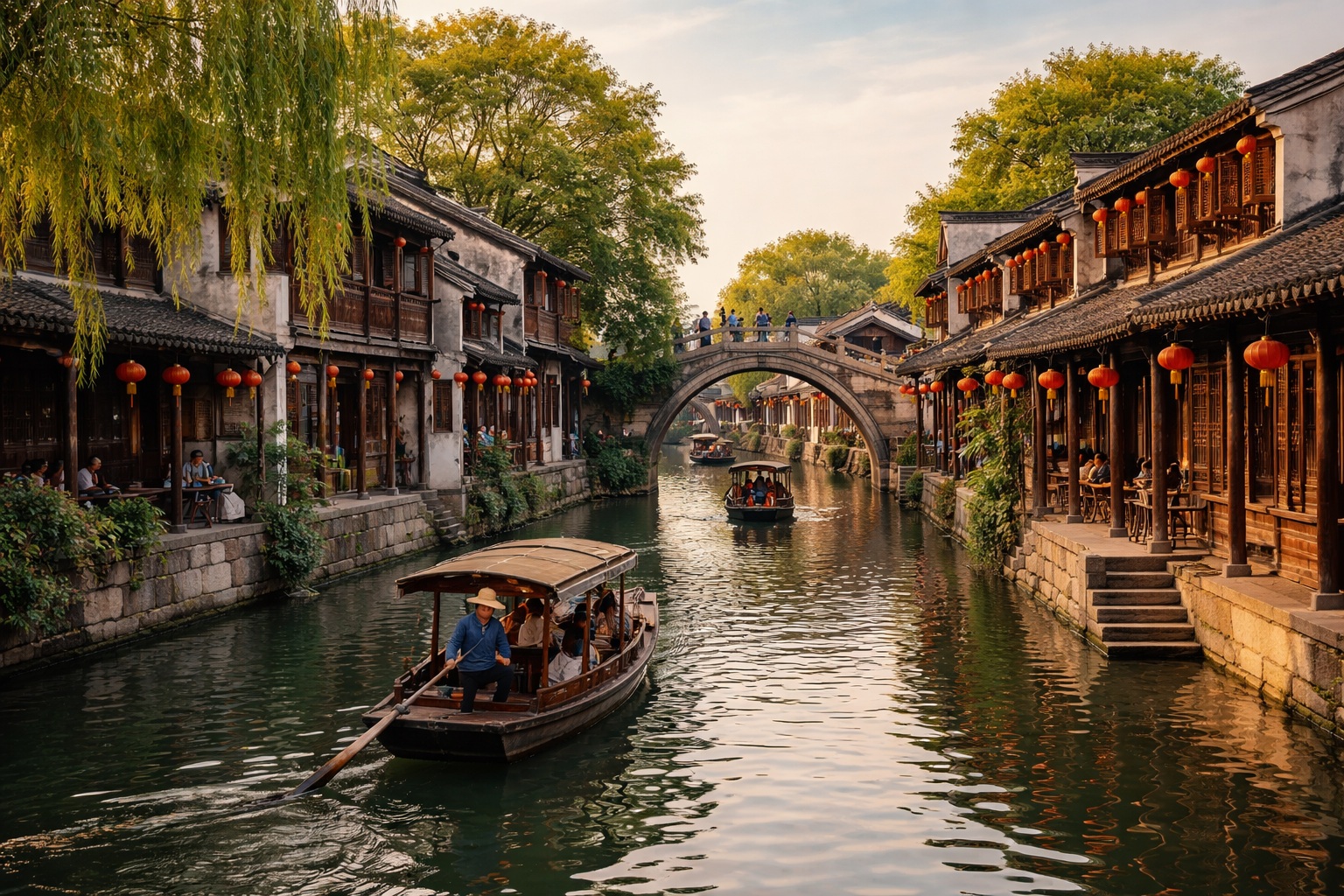 A traditional wooden boat carrying tourists glides along a narrow canal in Nanxun Ancient Town, flanked by old houses with red lanterns and weeping willow trees.