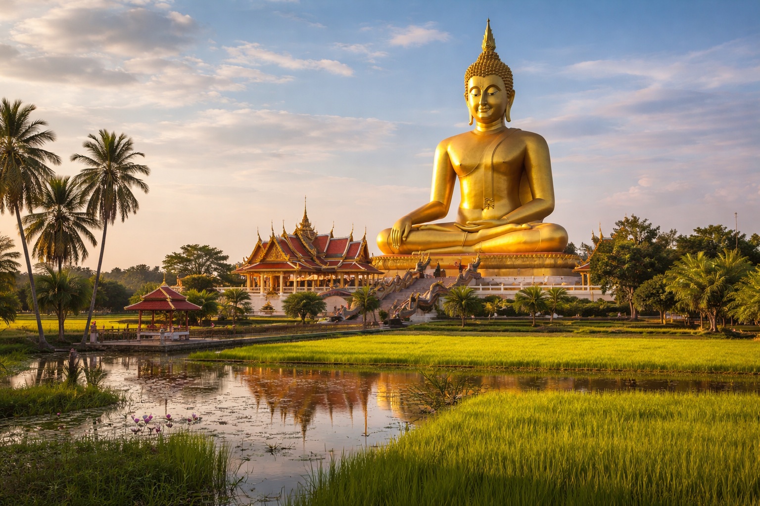 The 92-meter tall Great Golden Buddha at Wat Muang surrounded by rice fields