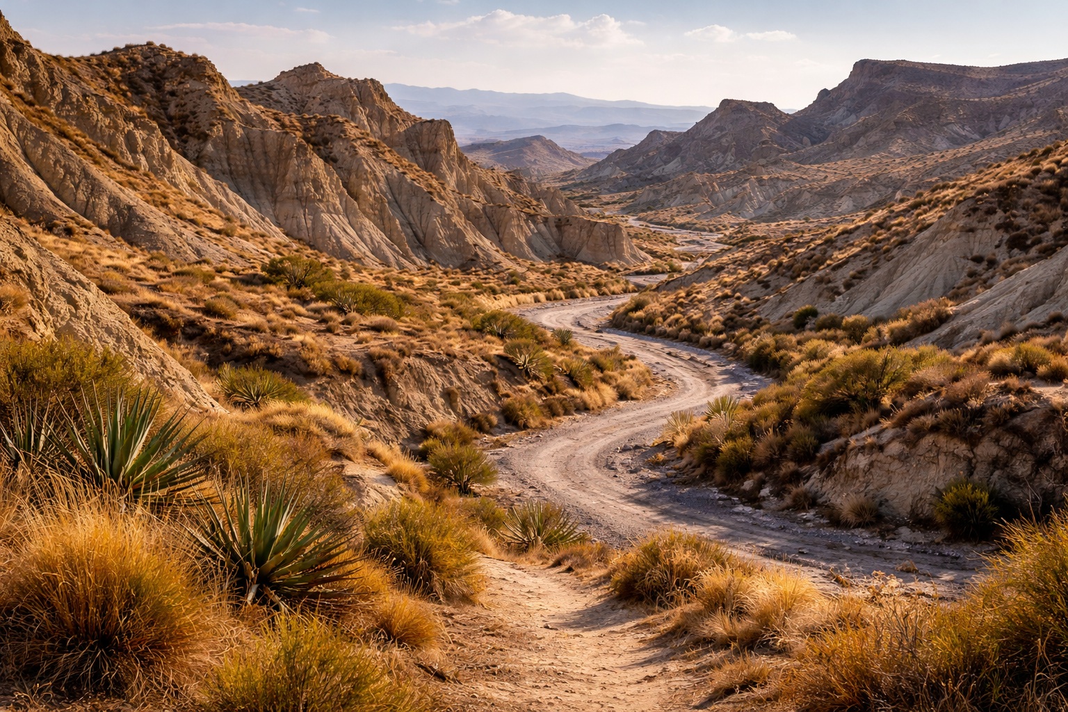 Rugged sandstone canyons and arid plains of the Tabernas Desert in Almeria, Spain.