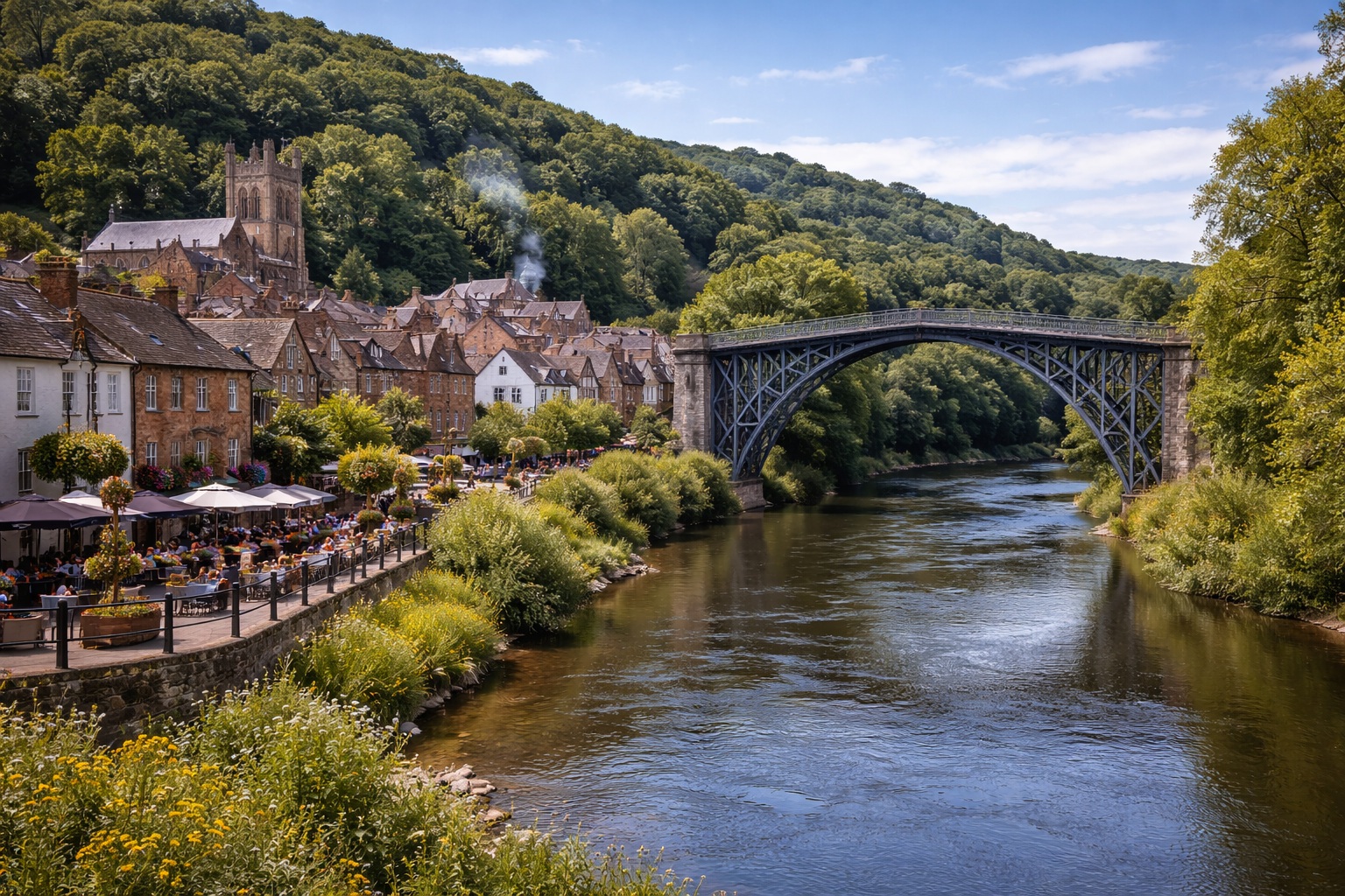 The iconic Iron Bridge, the world's first cast-iron bridge, reflecting in the River Severn at sunset in Shropshire