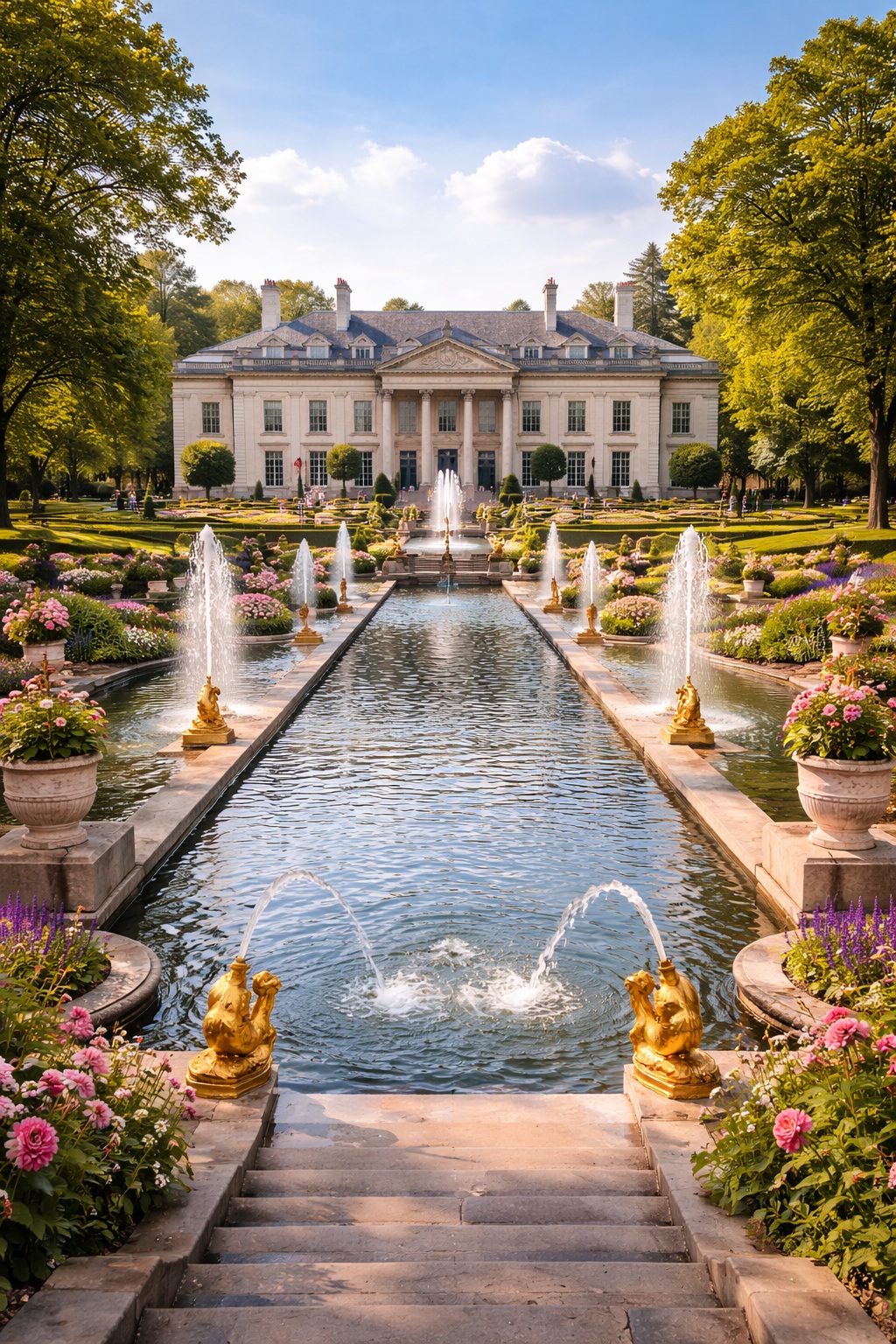 French-style formal gardens and grand mansion facade at Nemours Estate in Wilmington Delaware