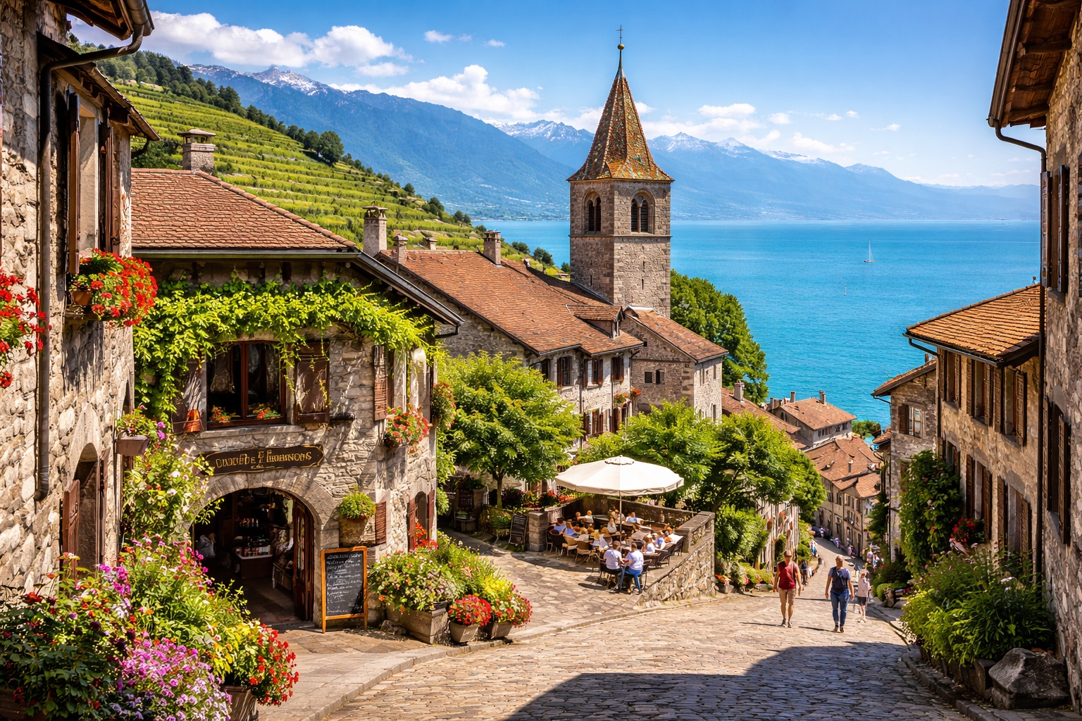 Narrow medieval cobblestone alley and traditional stone houses in the charming wine village of Saint-Saphorin, Lavaux region.