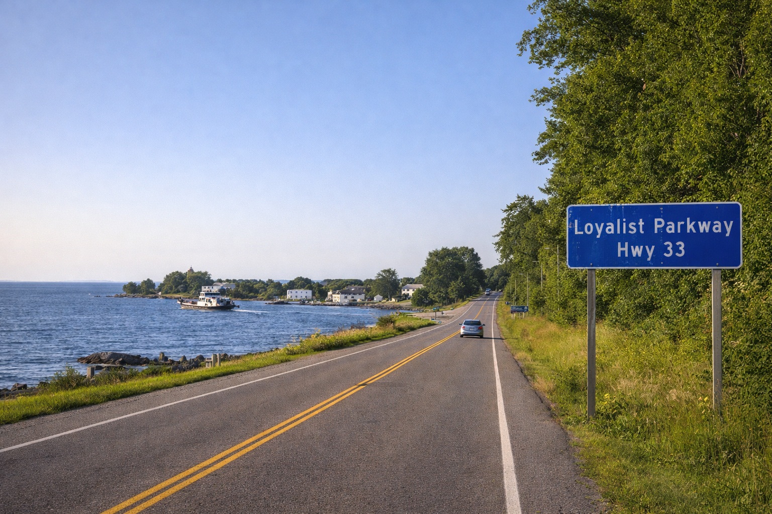A paved road winding through the orchards and historic settlements of the Loyalist Parkway.