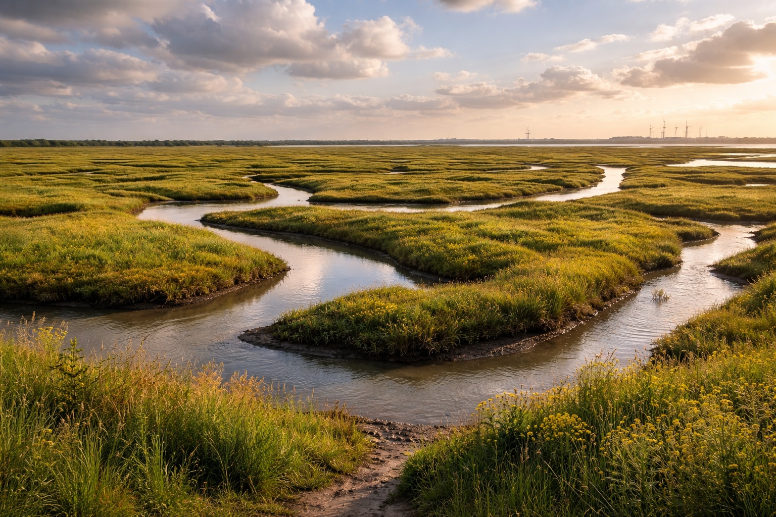 A wide view of the Saeftinghe salt marshes at low tide, showing winding water channels through thick mudflats under a dramatic sky