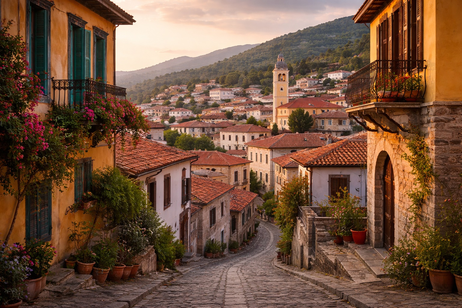 Traditional neoclassical mansions and cobblestone paths in the Old Town of Xanthi