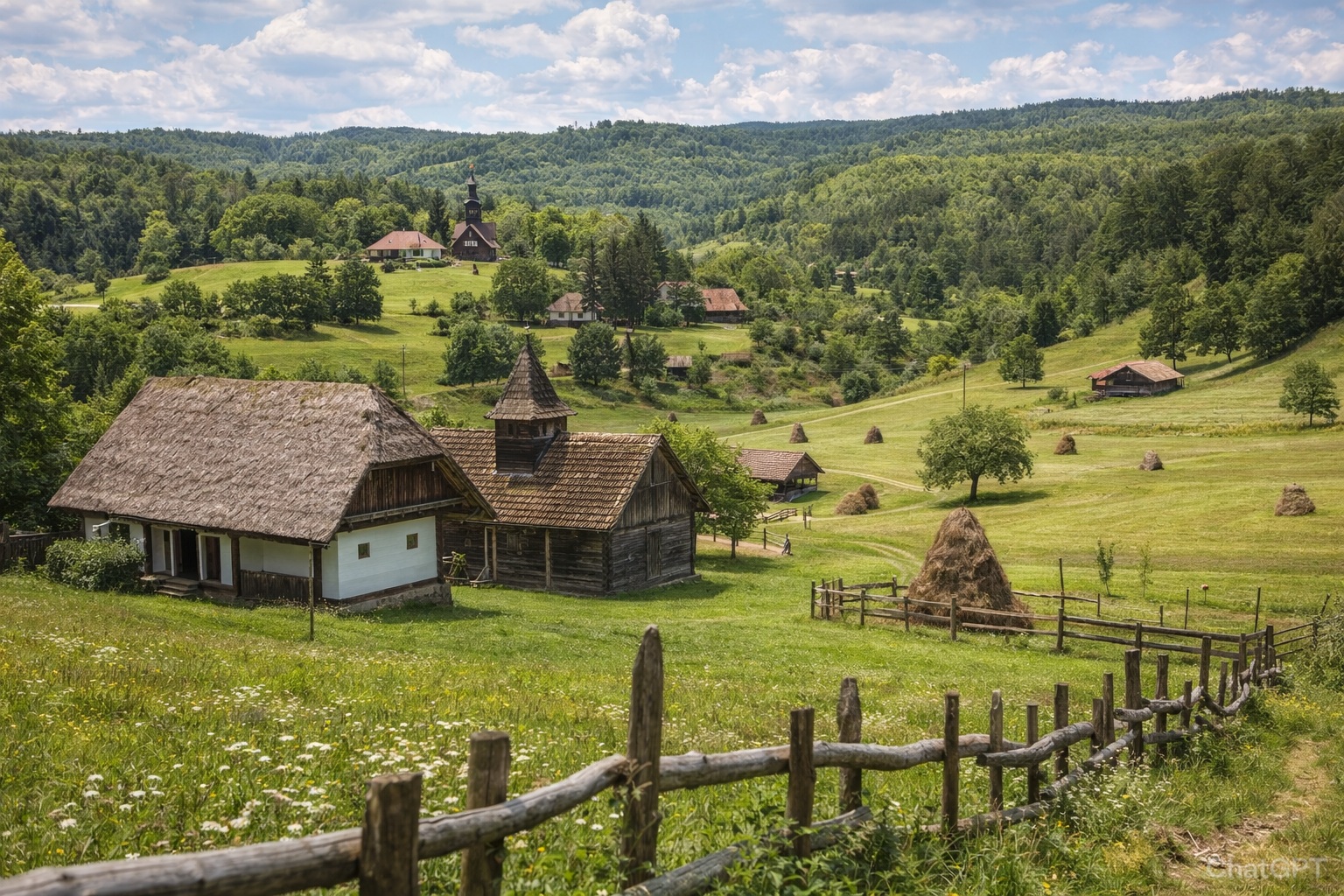 Traditional rural houses and hills in Őrség National Park, an offbeat road trip destination