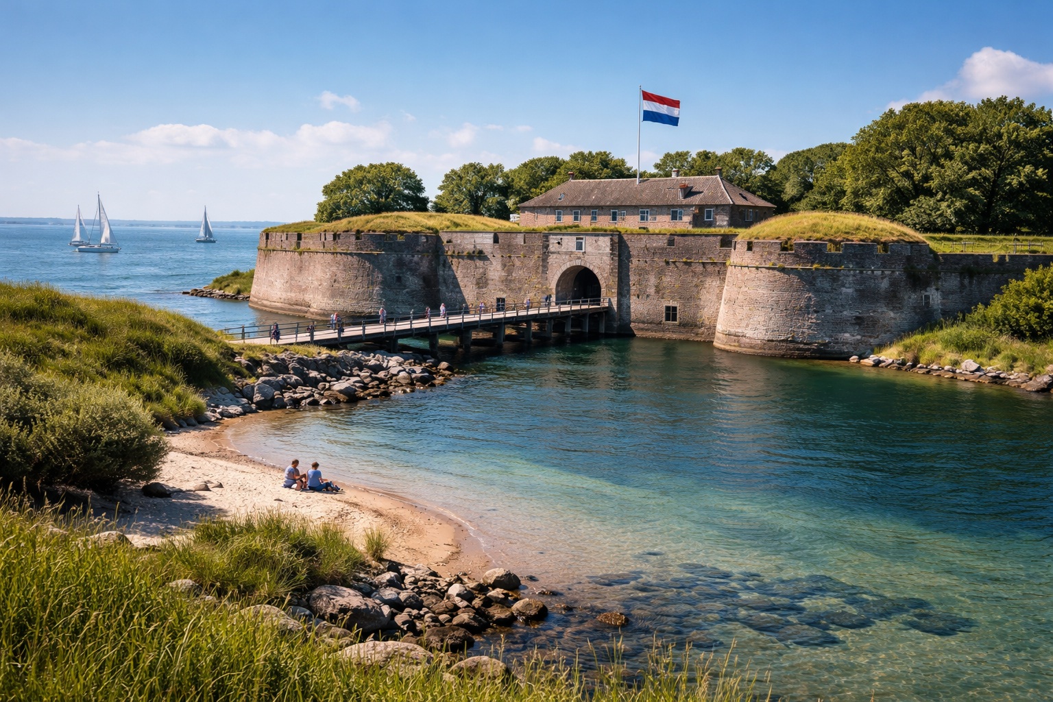 The heavy stone bastions of Fort Rammekens overlooking the Westerschelde, with a large container ship visible on the horizon