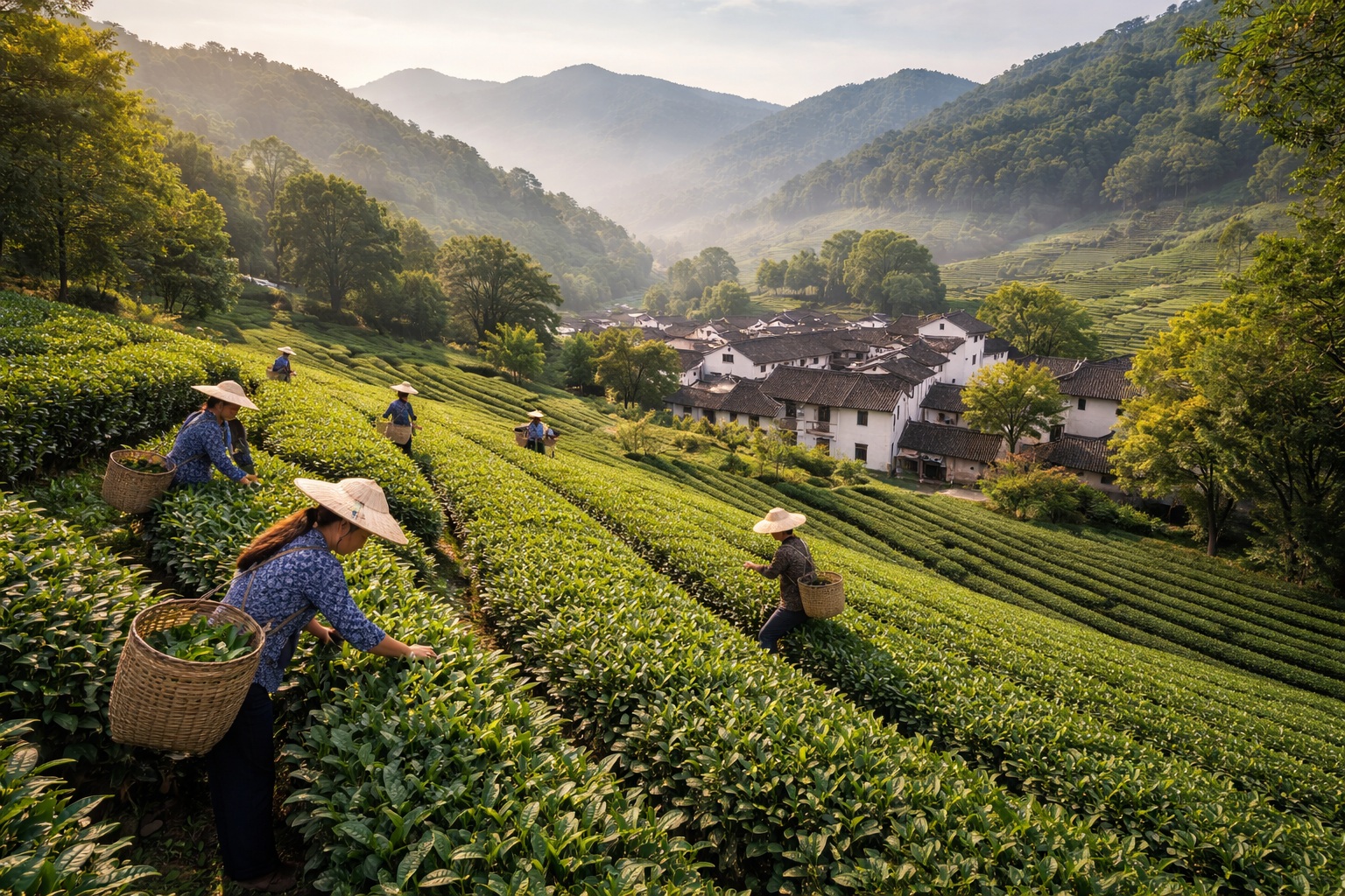 A scenic view of lush green Longjing tea terraces in a misty mountain valley, with workers in conical hats harvesting tea leaves in the morning light.