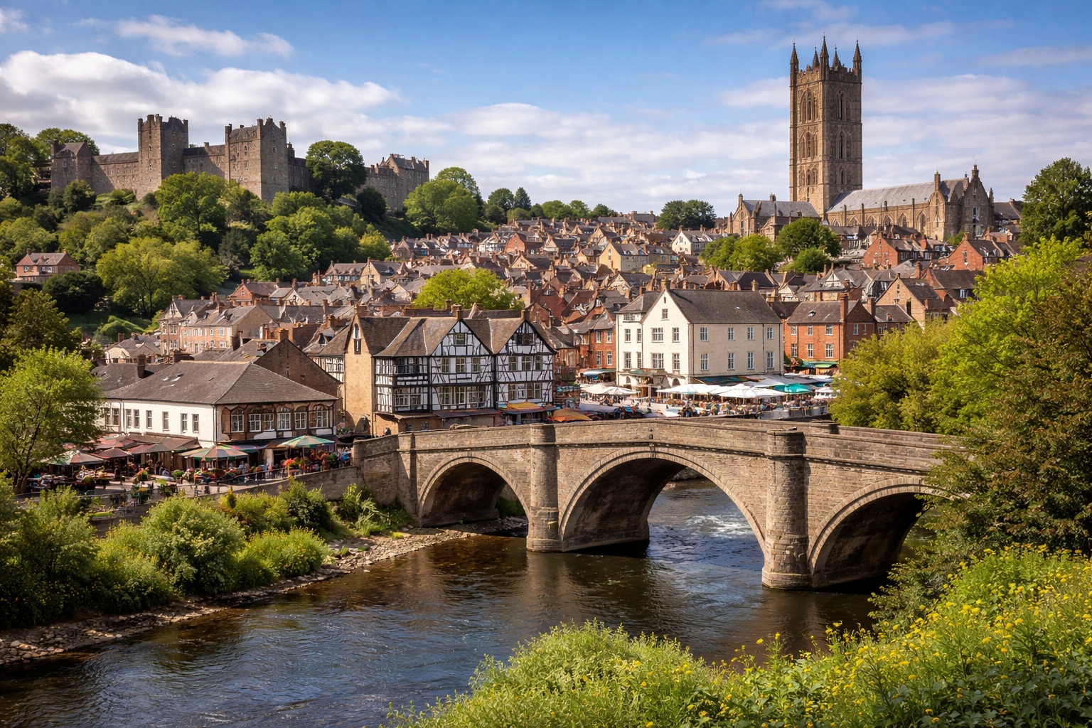 Historic timber-framed buildings and the medieval market square of Ludlow, a top foodie destination in England