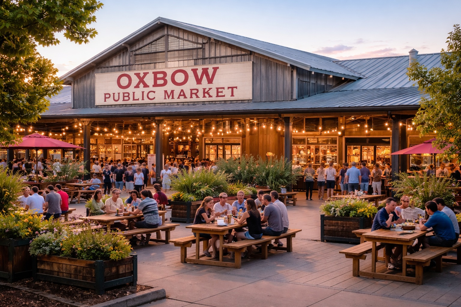 Interior of Oxbow Public Market in Napa with local food stalls and artisanal vendors, a key stop for regional cuisine and road trip supplies