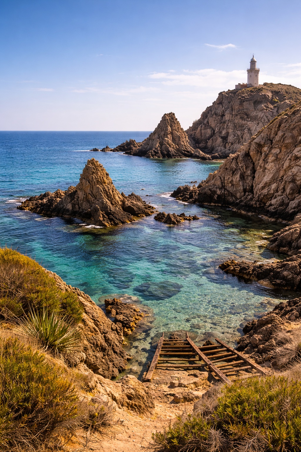 Crystal clear turquoise water hitting the dark volcanic rocks of Arrecife de las Sirenas in Cabo de Gata.