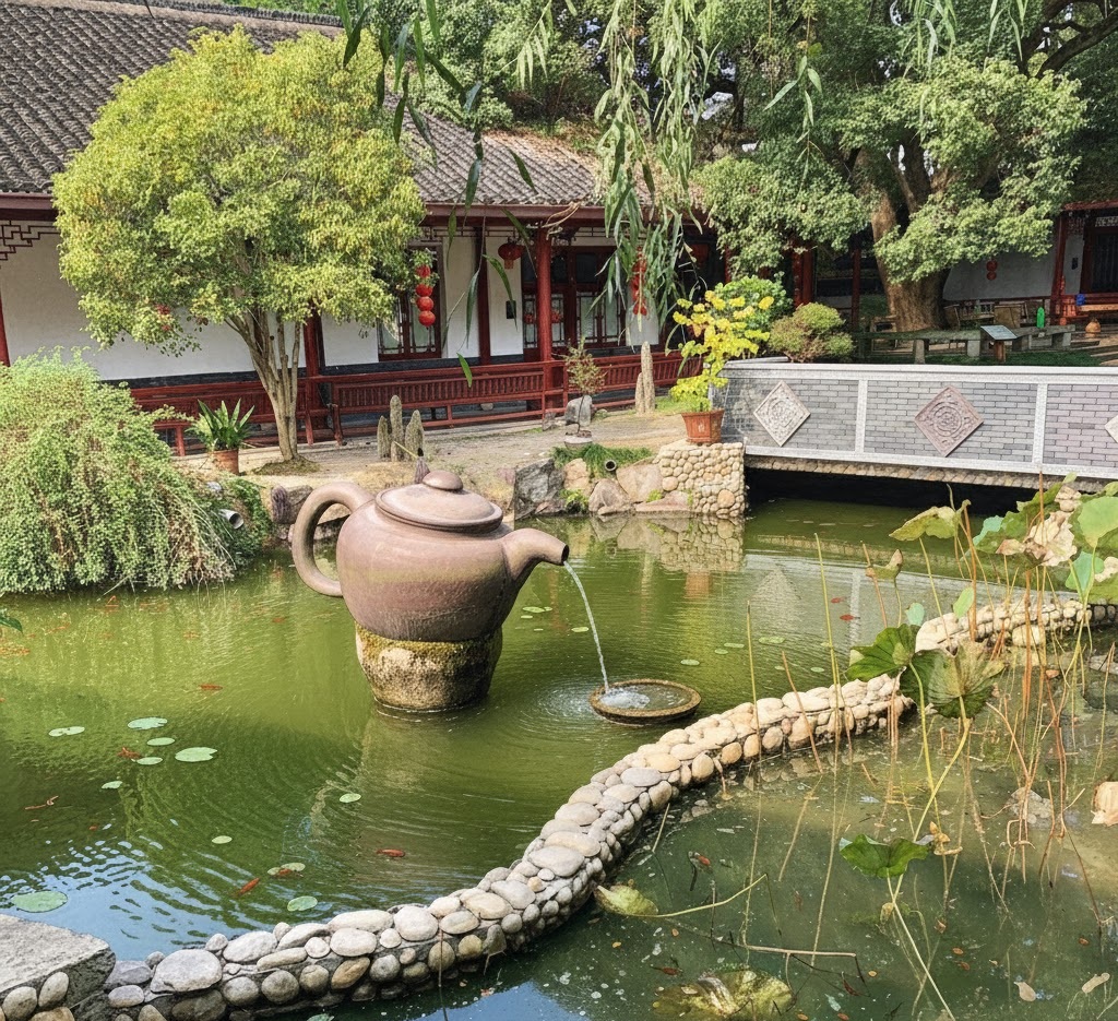 A serene courtyard of a traditional Hangzhou tea house featuring a decorative pond with koi fish and a unique large teapot-shaped fountain.