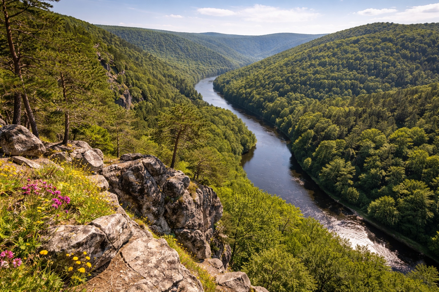 Scenic views of the Thaya River canyon in Thayatal National Park, a perfect nature stop during a long drive.