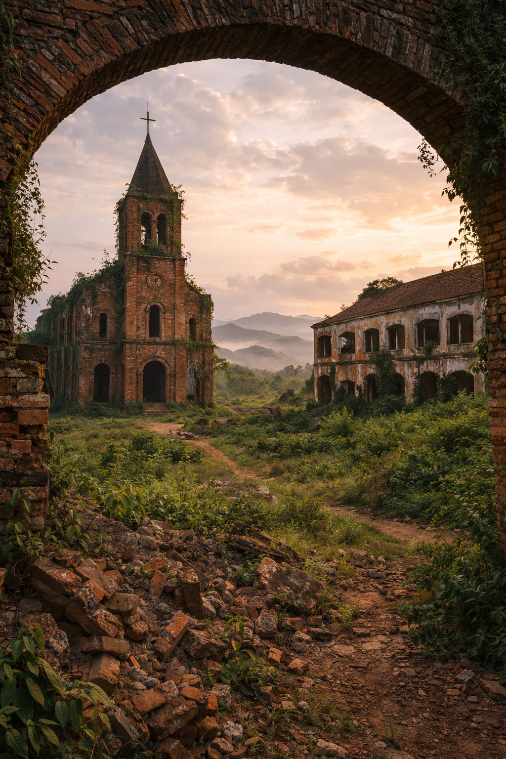 Abandoned stone French missionary ruins in the Vietnam highlands among coffee trees