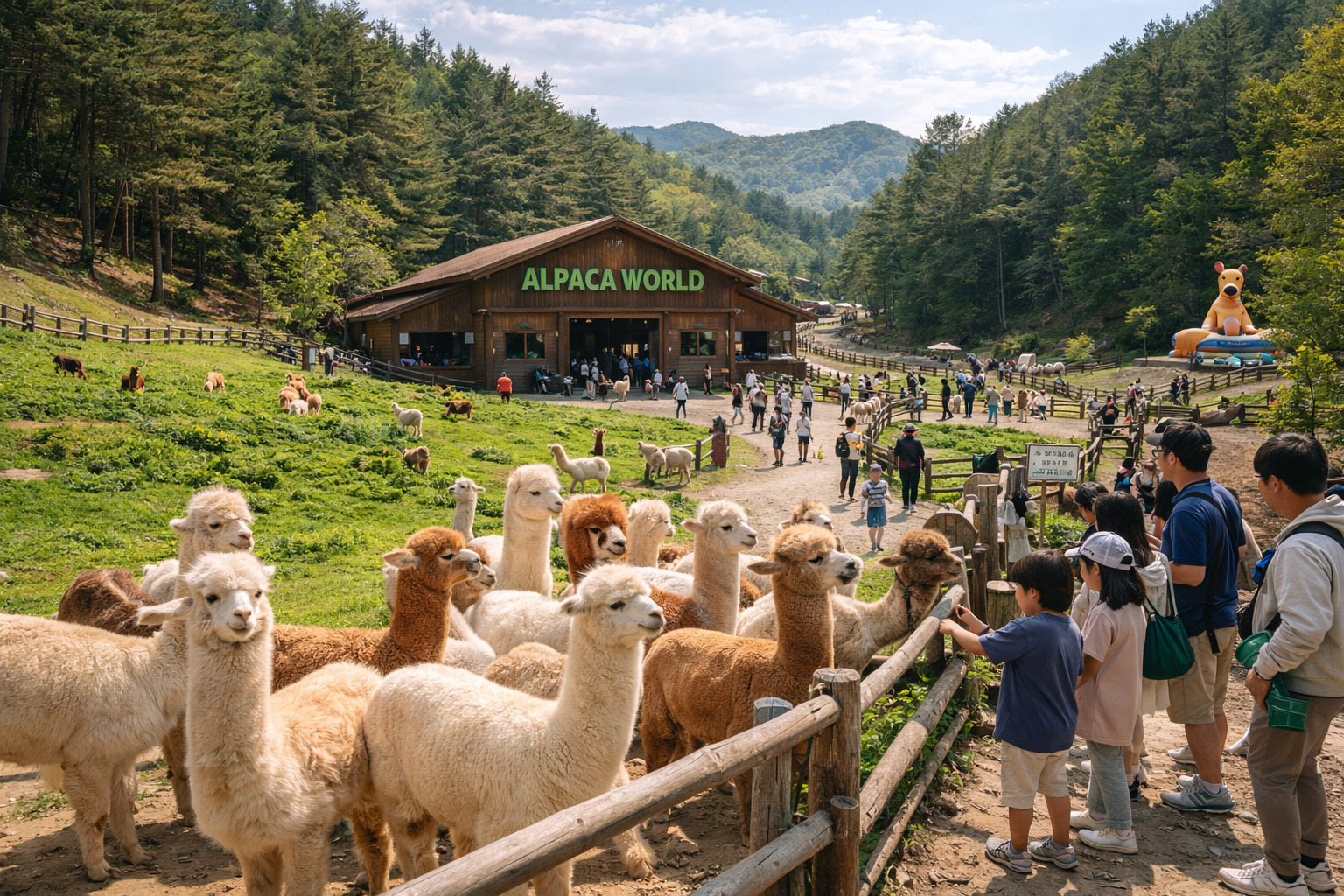 Friendly alpacas in a mountain meadow at Alpaca World in Hongcheon