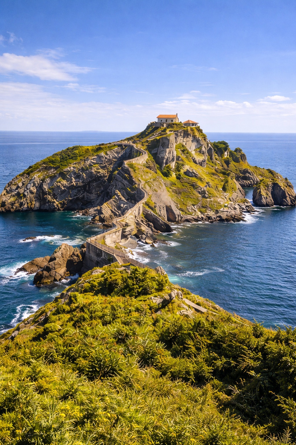 View of Gaztelugatxe stone bridge from the Eneperi lookout point