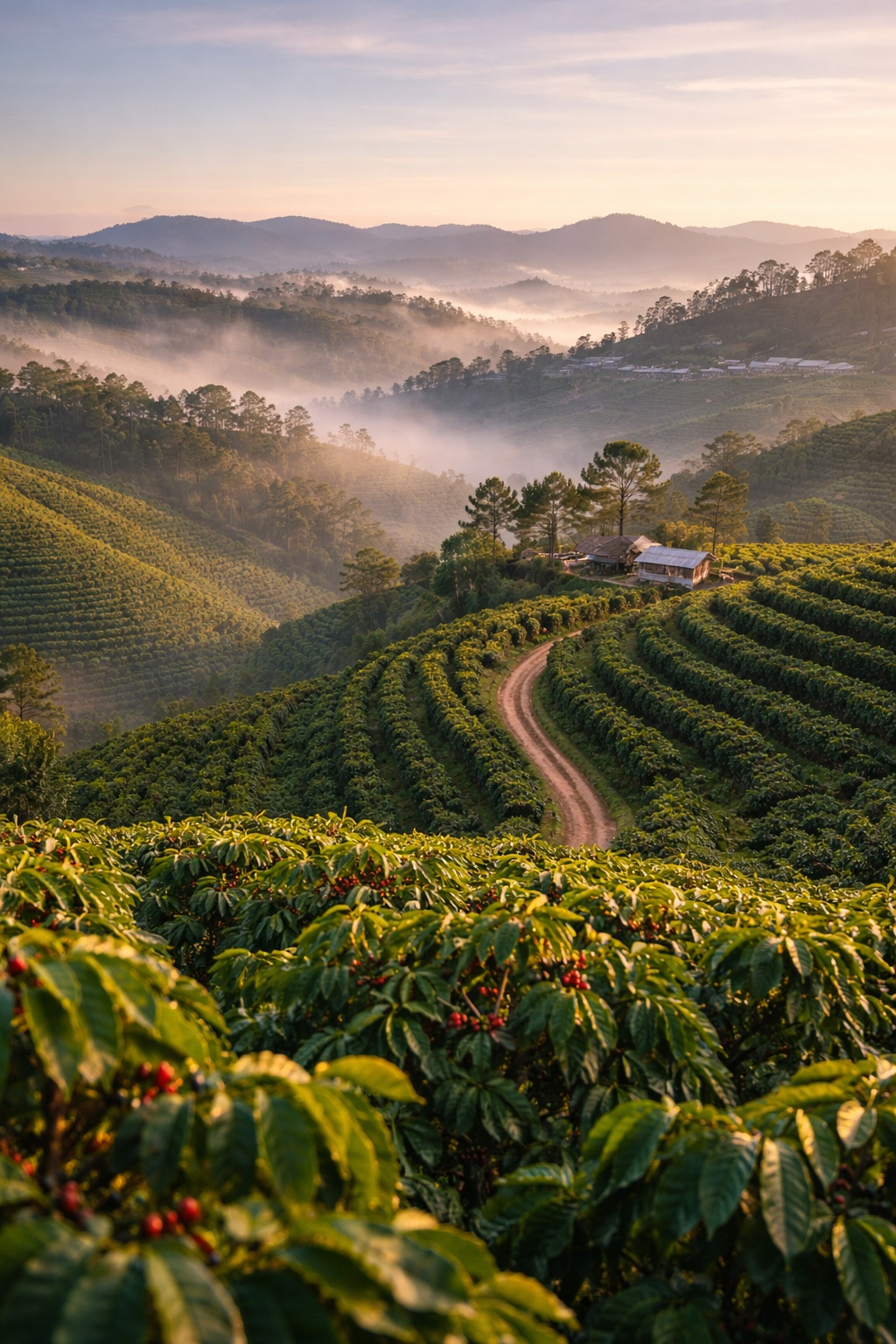 Sunrise over Cau Dat coffee plantations near Da Lat Lam Dong Province
