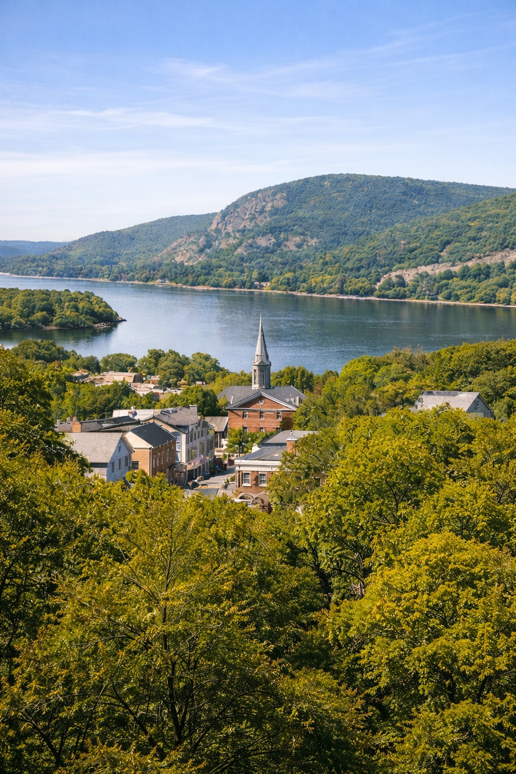 Cold Spring, New York village on the Hudson River with historic buildings and river views
