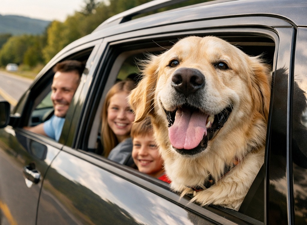 Happy Golden Retriever at a dog-friendly road trip stop between cities featuring a colorful modern art sculpture near the highway