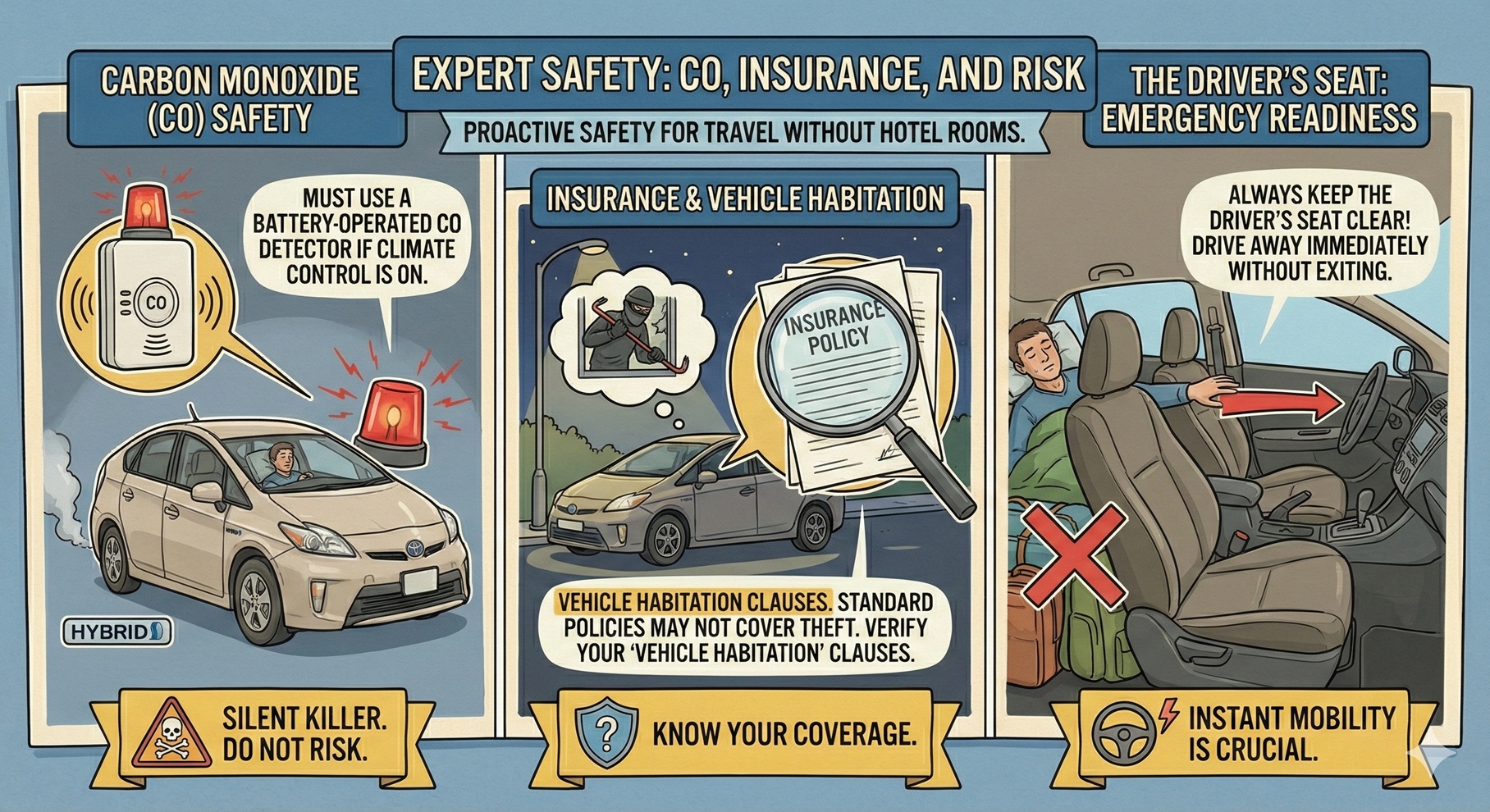 Expert car camping safety guide infographic covering carbon monoxide (CO) detector requirements for hybrids, insurance policy vehicle habitation clauses, and emergency readiness tips like keeping the driver’s seat clear for instant mobility.