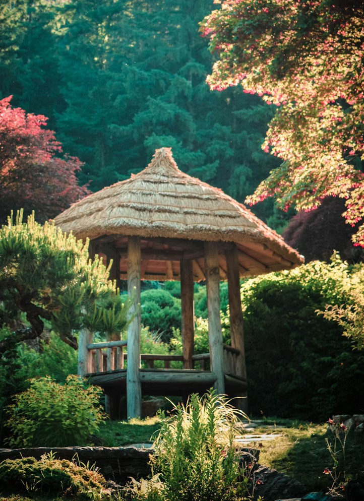 Expertly designed flower beds and traditional pavilions at the Garden of Morning Calm