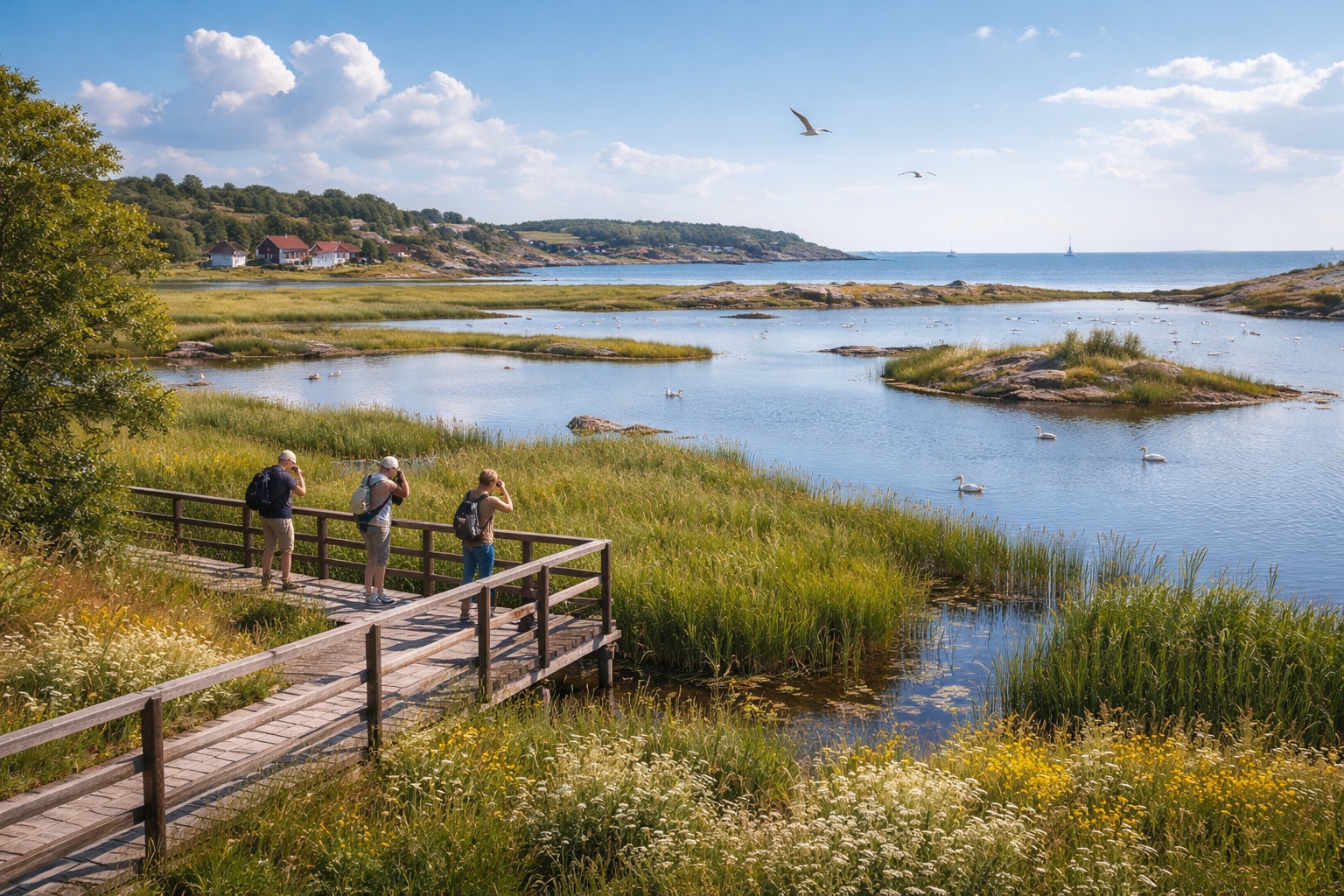 Birdwatching blinds and coastal wetlands at Getterön Nature Reserve, Sweden