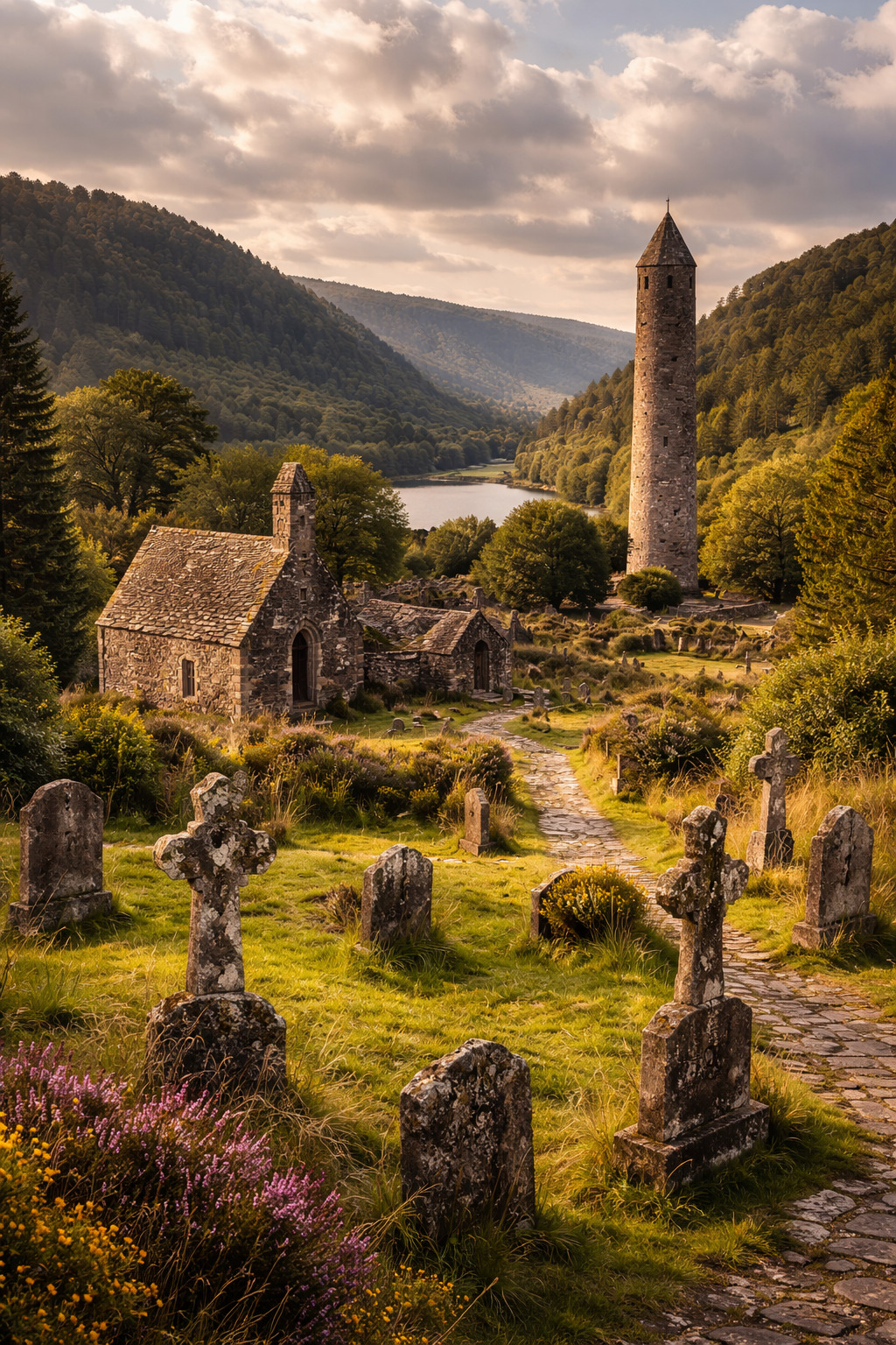 Medieval round tower and stone church ruins in the glacial valley of Glendalough