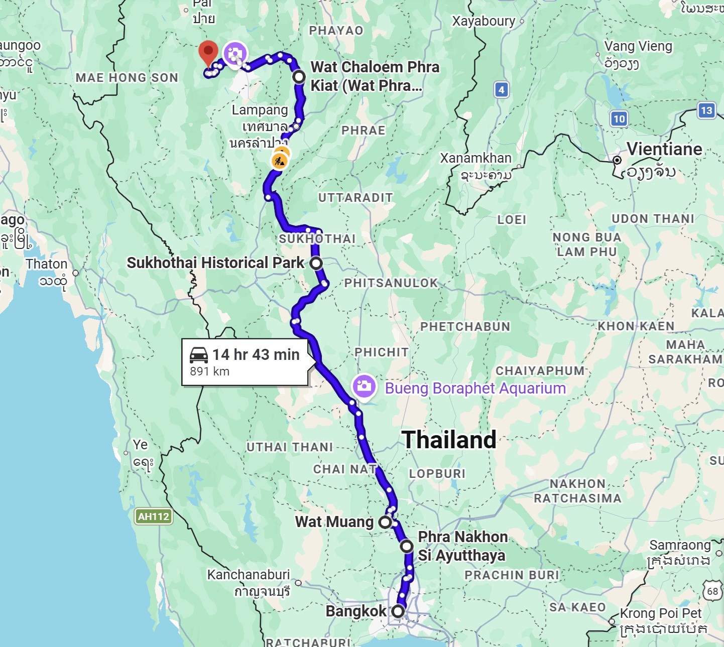 Bangkok to Chiang Mai road trip map featuring key stops at Ayutthaya, Wat Muang, Sukhothai, and Lampang for a multi-day self-drive itinerary