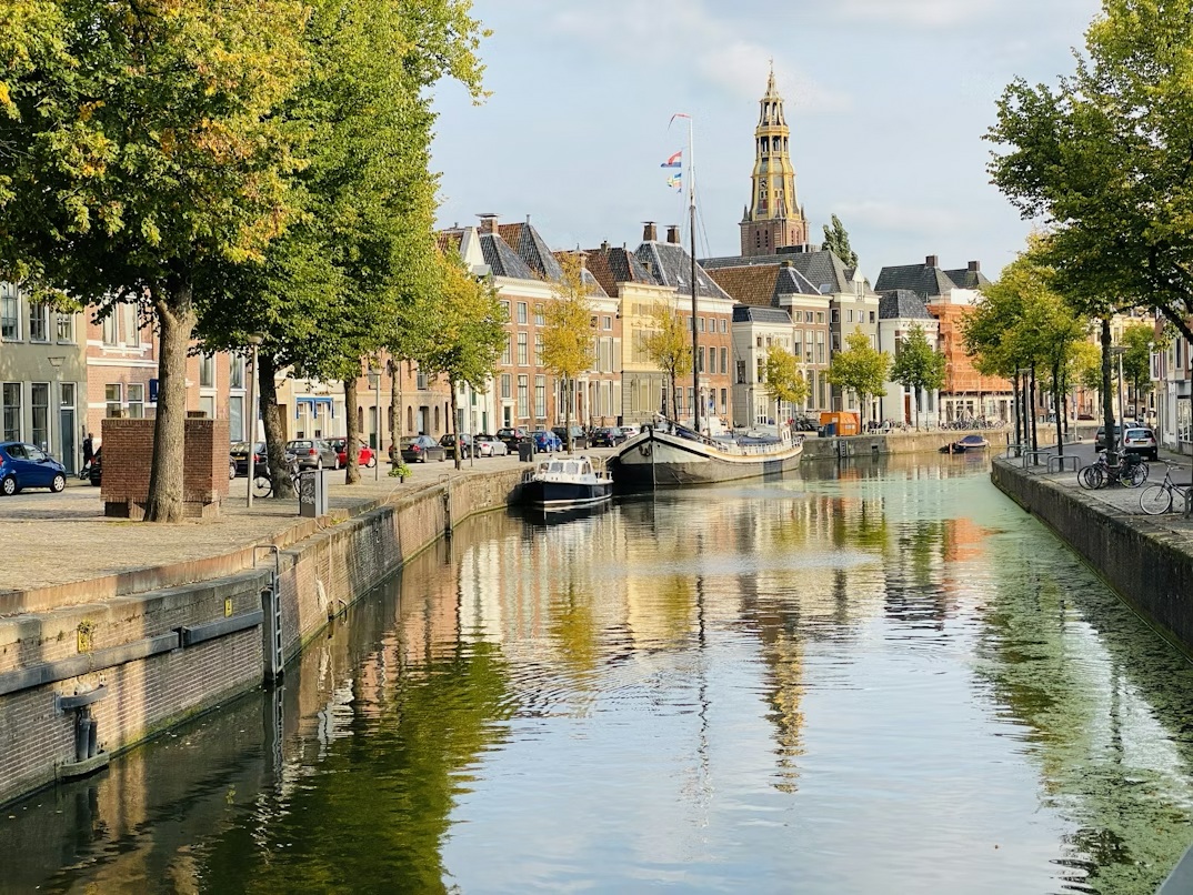 View of the colorful Reitdiephaven marina in Groningen Netherlands at the end of a road trip from Amsterdam.