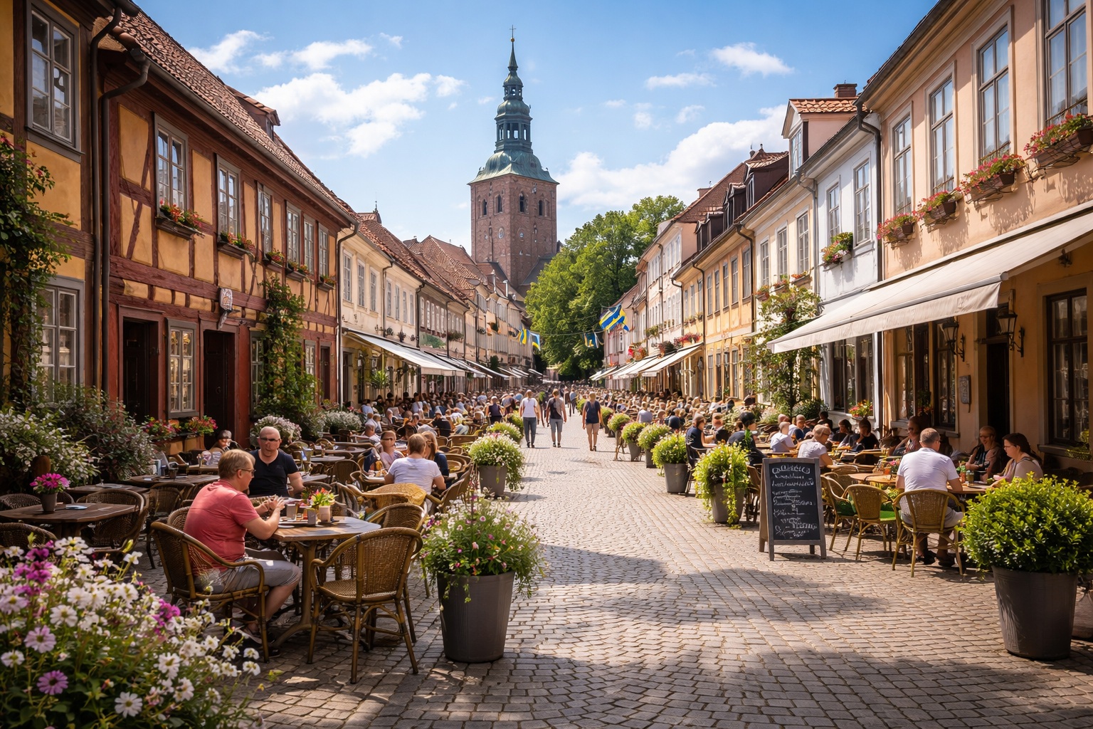 Historic half-timbered buildings in Halmstad old town center