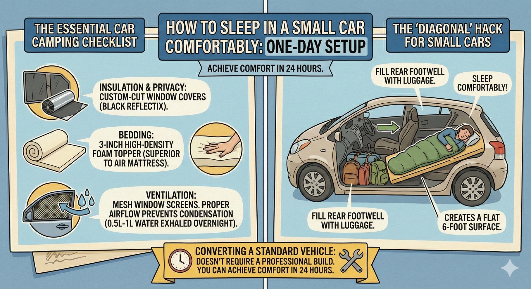 Practical guide infographic on how to sleep in a small car comfortably, featuring a one-day setup checklist with custom-cut window covers, high-density foam mattress topper, mesh window screens for ventilation, and the 'diagonal' sleeping hack for small vehicles.