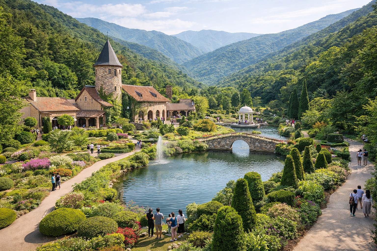 European-inspired brick architecture and manicured hedges at Jade Garden