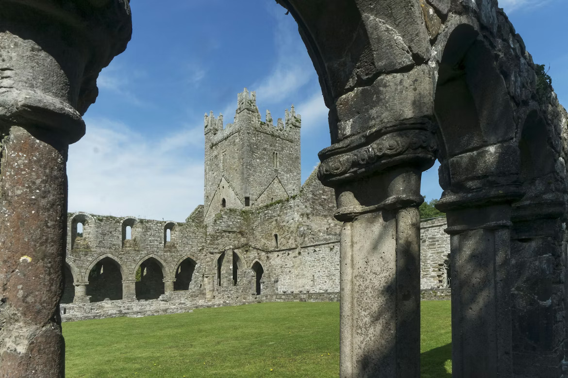 Detailed stone carvings on the cloisters of the ruins of Jerpoint Abbey in County Kilkenny