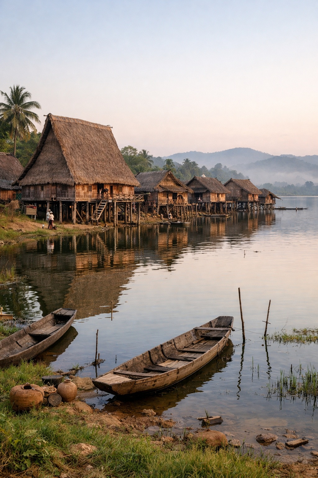 Traditional M'Nong longhouses on stilts in Jun Village at Lak Lake Vietnam
