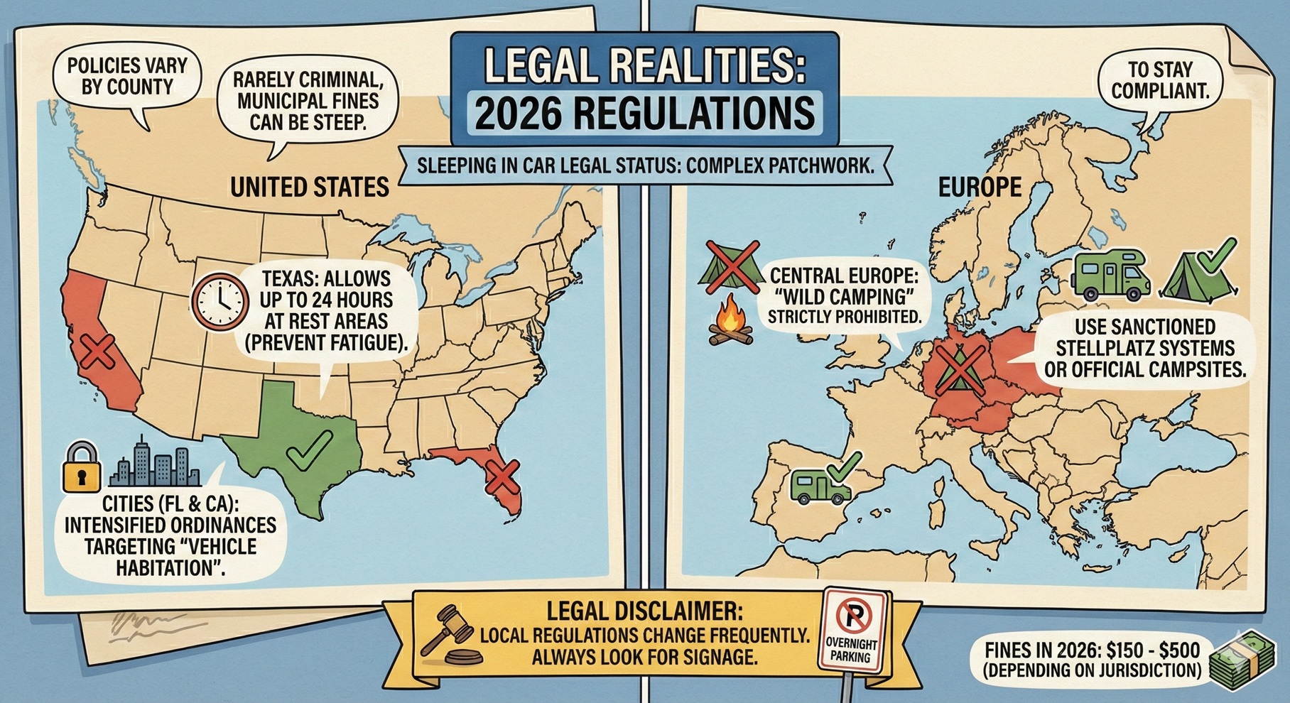 Infographic on 2026 car camping laws and regulations in the US and Europe, detailing municipal fines, vehicle habitation ordinances in Florida and California, and 'wild camping' prohibitions in Central Europe with sanctioned Stellplatz system alternatives.