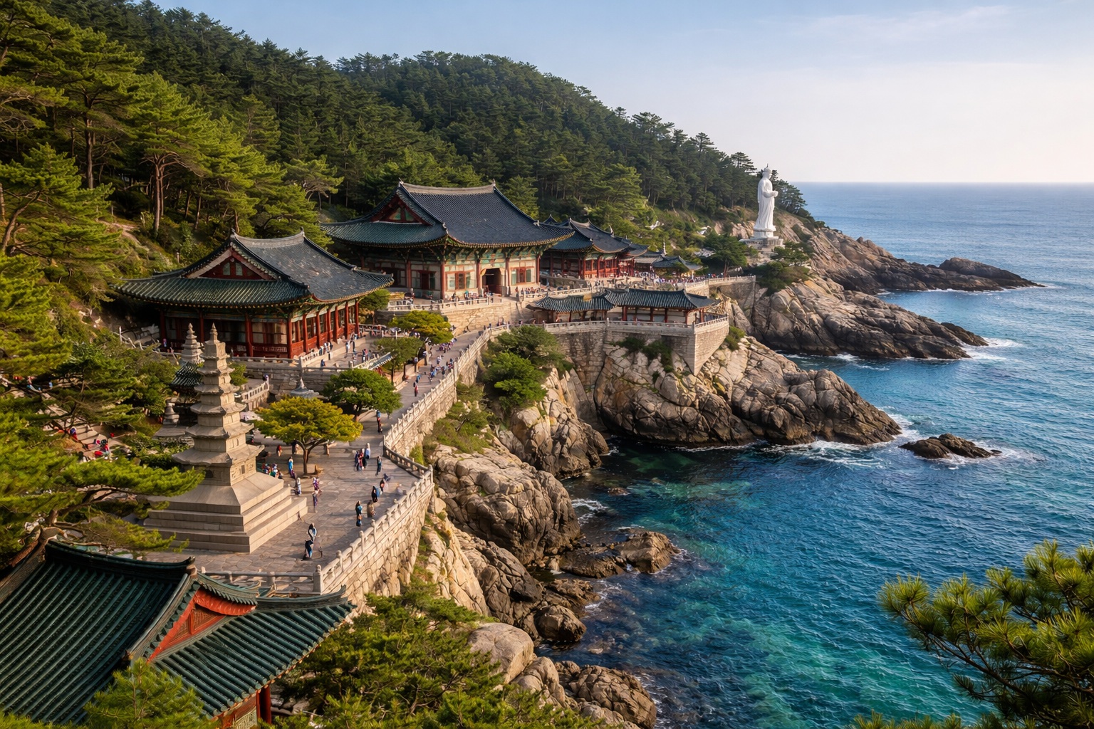 The giant white Buddha statue overlooking the East Sea at Naksansa Temple