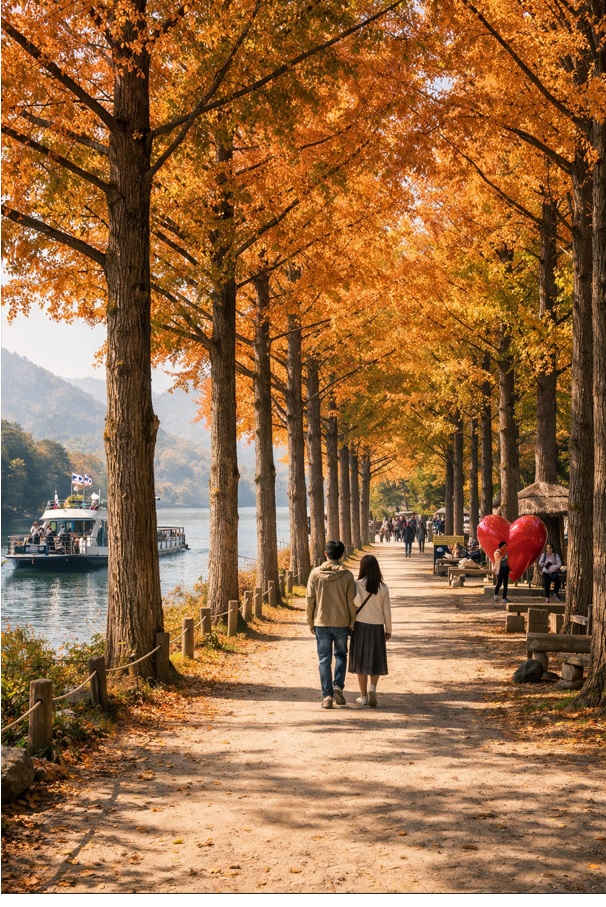 Tall metasequoia trees lining the famous walking paths of Nami Island