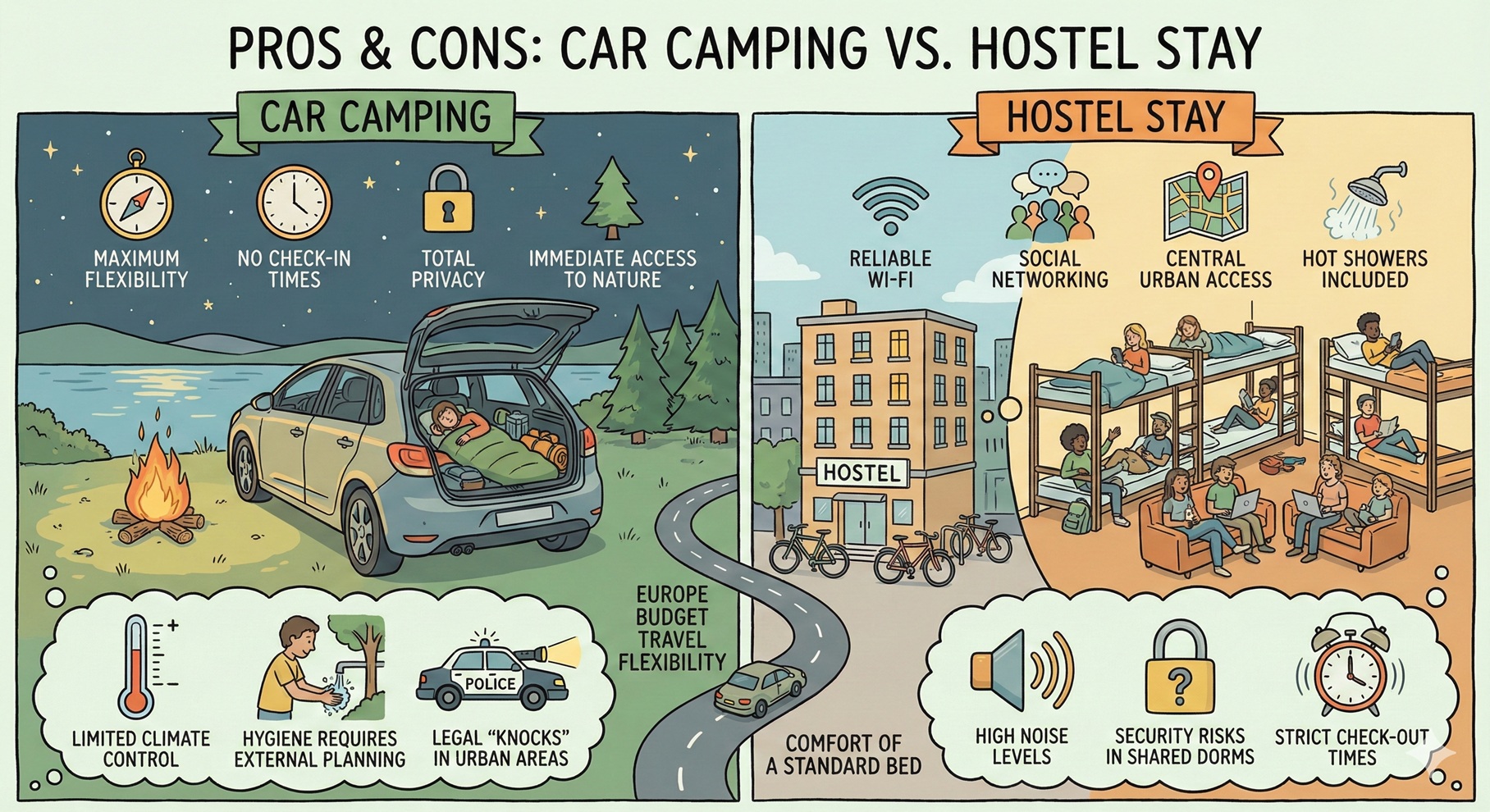 Infographic comparing pros and cons of car camping vs hostel stays for 2026 budget travel, featuring icons for flexibility, privacy, and nature versus social networking, urban access, and hot showers.